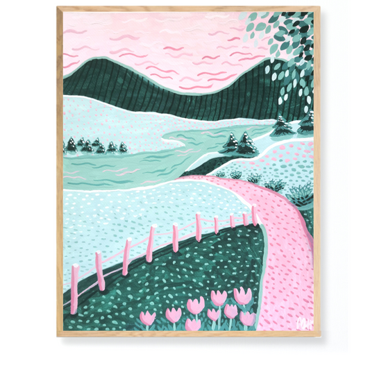 Lyserødt landskab - Originalt gouache-maleri på akvarelpapir inklusiv egetræsramme (24,0 x 30,0 cm) Nymaane