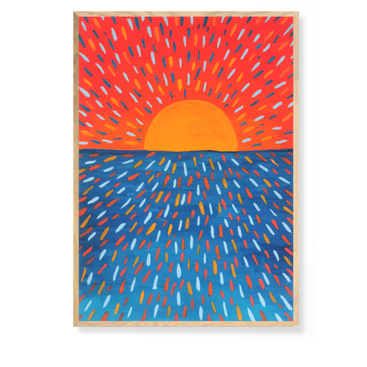 Solstråler - Originalt gouache-maleri på akvarelpapir inklusiv egetræsramme (A5: 14.8 x 21 cm)