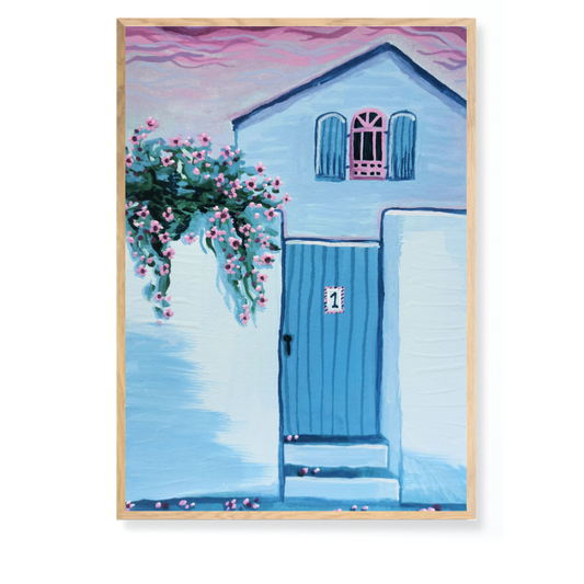 Blå gade i Frankrig - Originalt gouache-maleri på akvarelpapir inklusiv egetræsramme (A5: 14.8 x 21 cm)