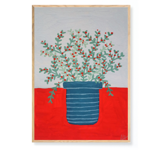 Potteplante på rødt bord - Originalt gouache-maleri på akvarelpapir inklusiv egetræsramme (A5: 14.8 x 21 cm)