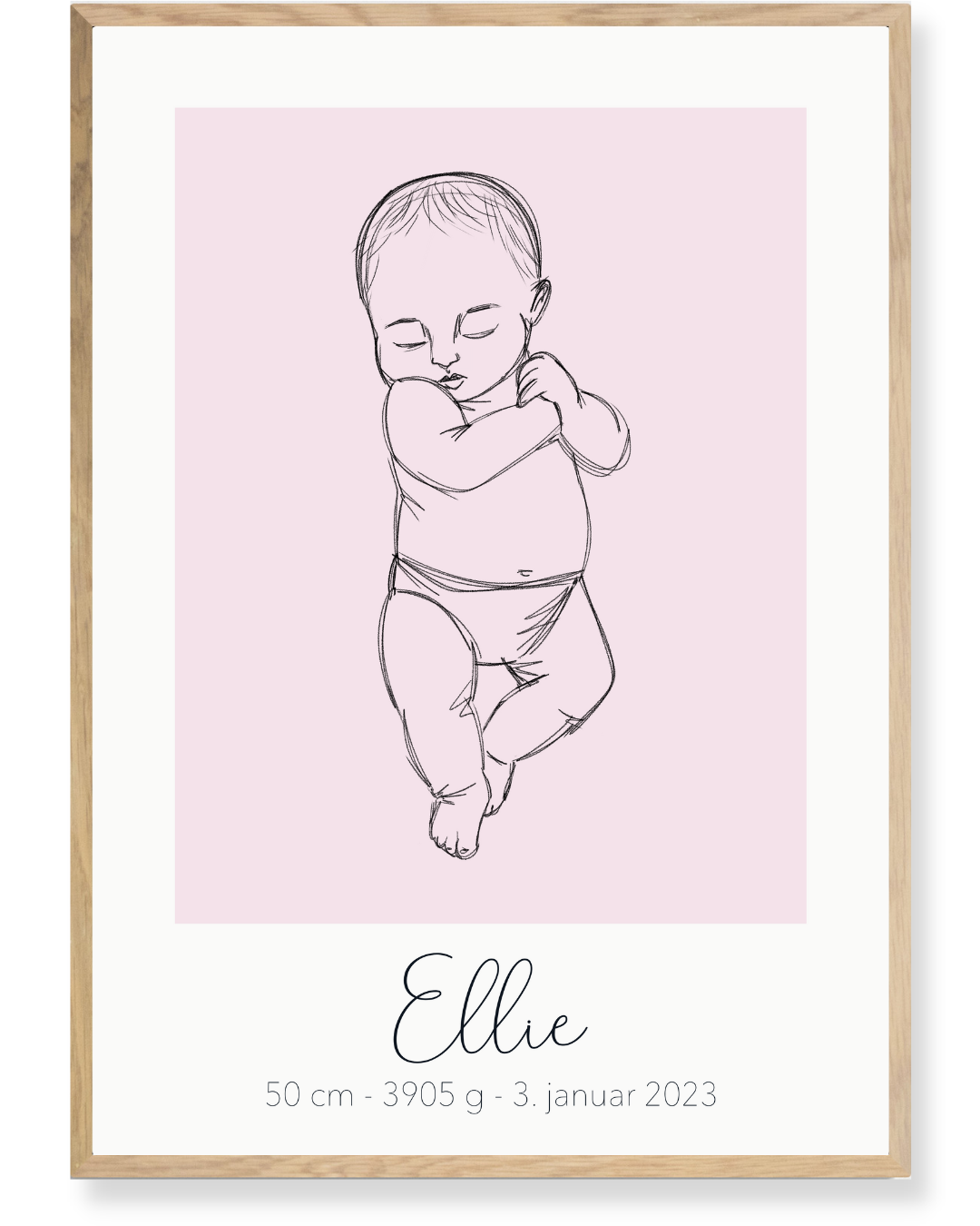 Fødselsplakat med babys navn, mål, vægt og fødselsdato Nymaane