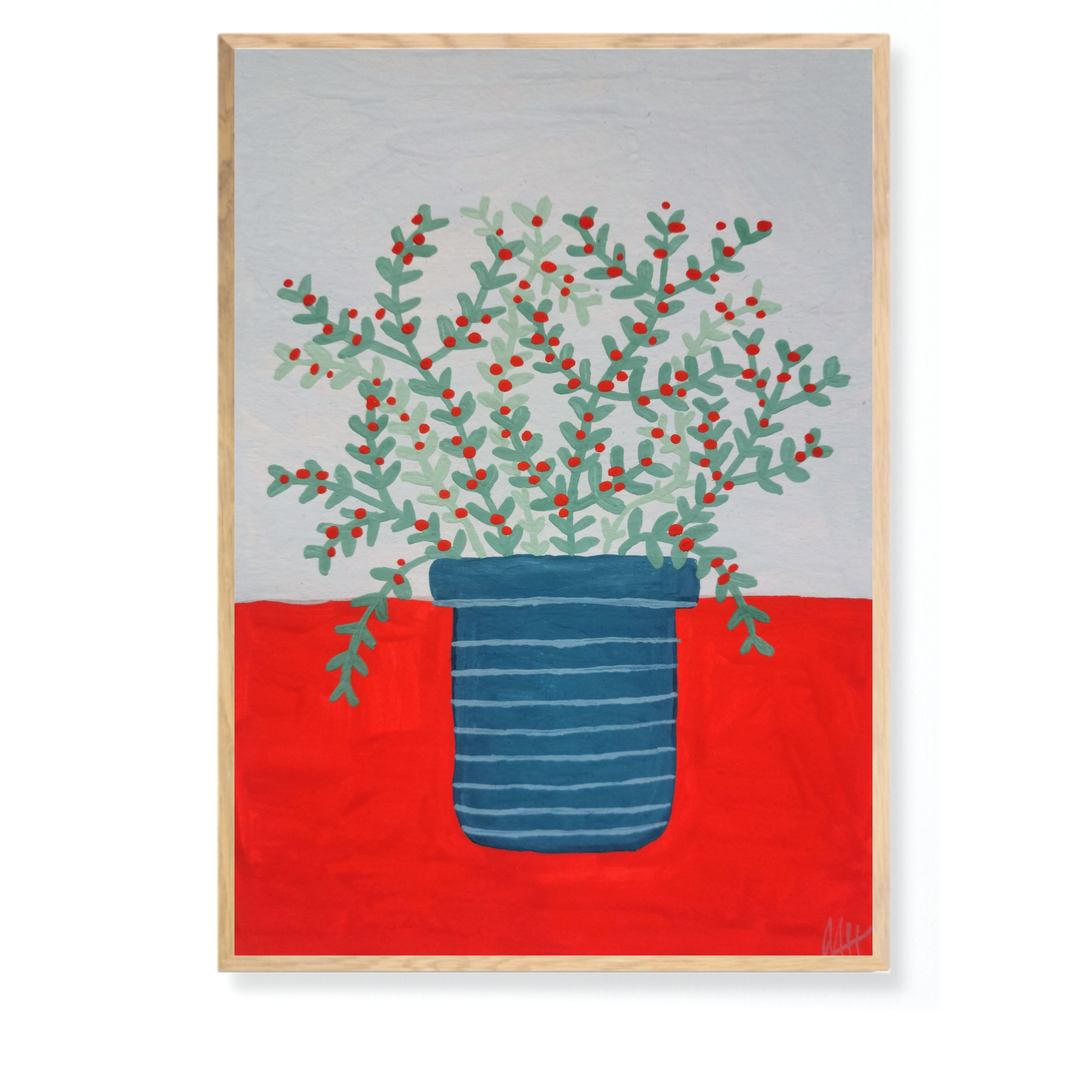Potteplante på rødt bord - Originalt gouache-maleri på akvarelpapir inklusiv egetræsramme (A5: 14.8 x 21 cm) Nymaane