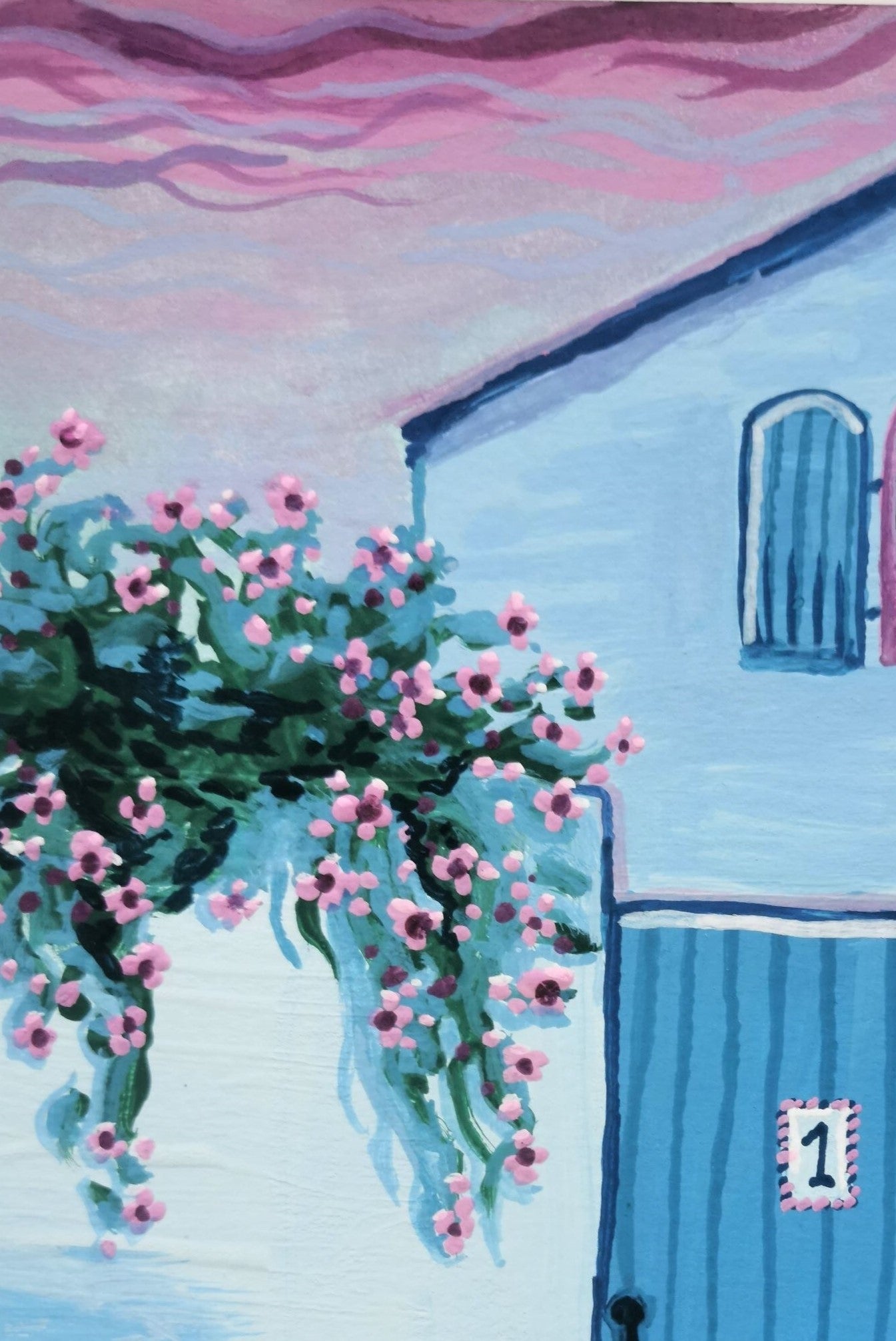 Blå gade i Frankrig - Originalt gouache-maleri på akvarelpapir inklusiv egetræsramme (A5: 14.8 x 21 cm) Nymaane