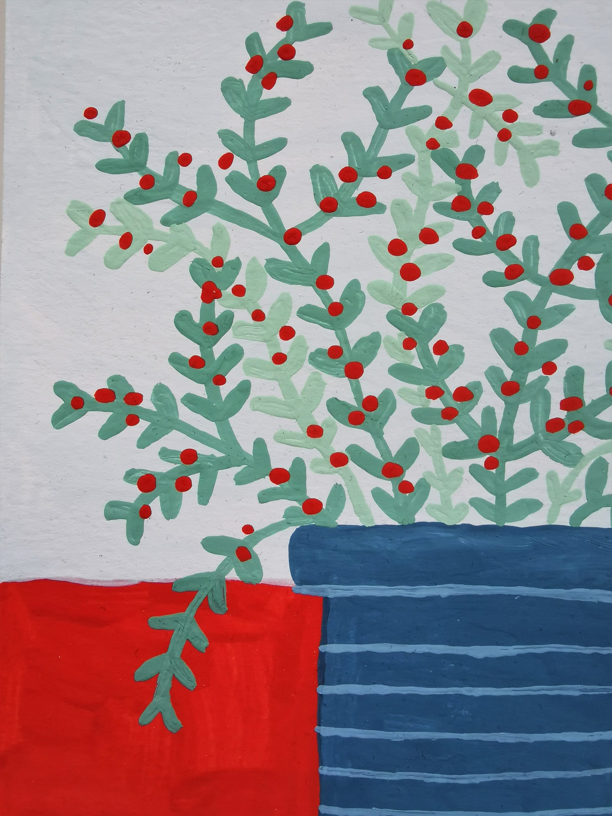 Potteplante på rødt bord - Originalt gouache-maleri på akvarelpapir inklusiv egetræsramme (A5: 14.8 x 21 cm) Nymaane