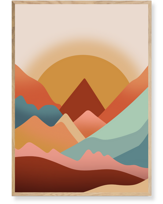 Minimalistisk bjerglandskab med solnedgang og farverige bakker