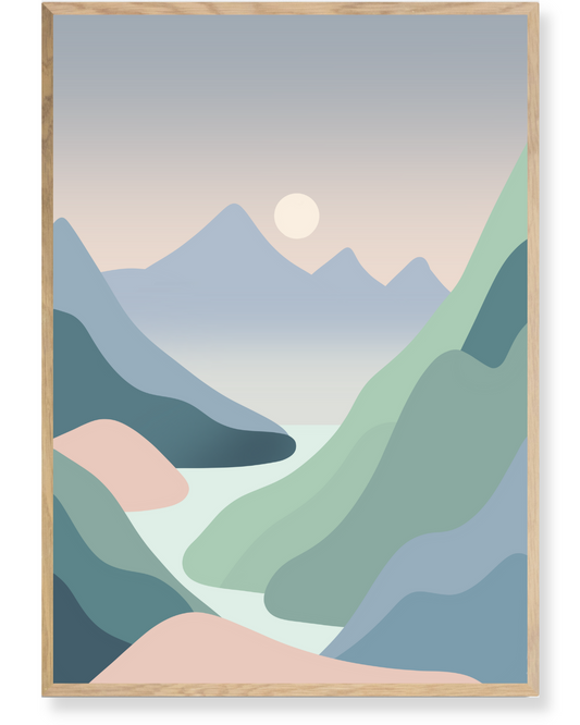 Minimalistisk bjerglandskab i pastelfarver Nymaane