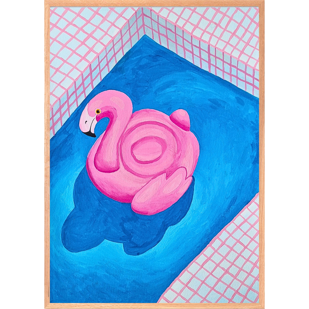 Swimmingpool - Originalt gouache-maleri på akvarelpapir inklusiv egetræsramme (A3 - 29,7x42 cm)