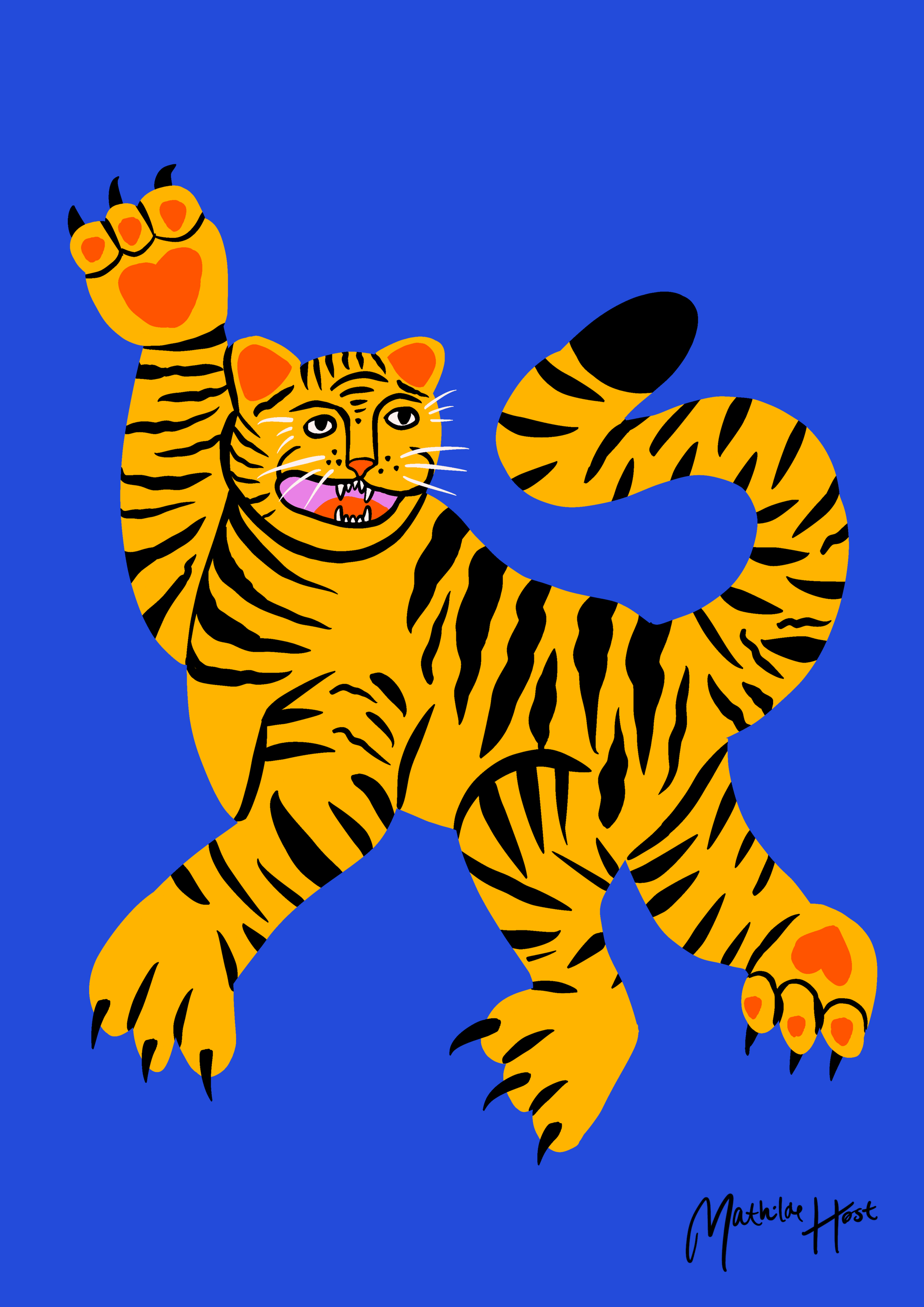 Gul tiger på blå baggrund - plakat