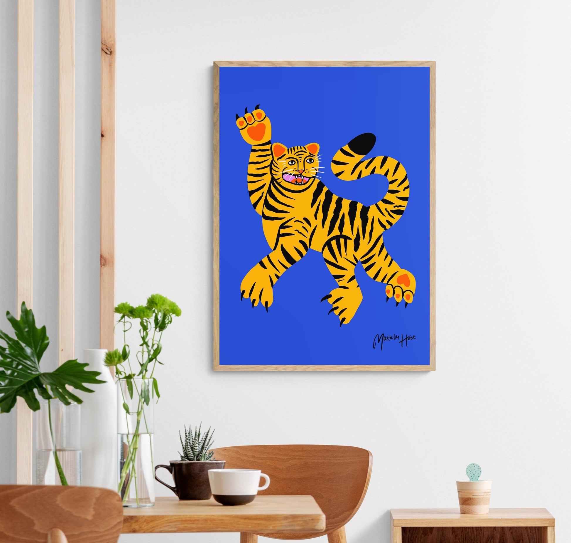 Gul tiger på blå baggrund - plakat